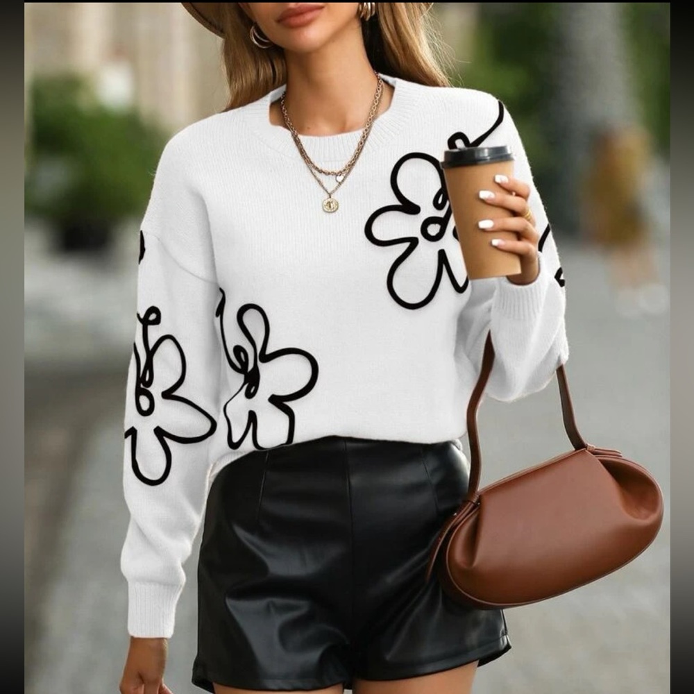 Floral sweater white black modern flower knit long sleeve crewneck